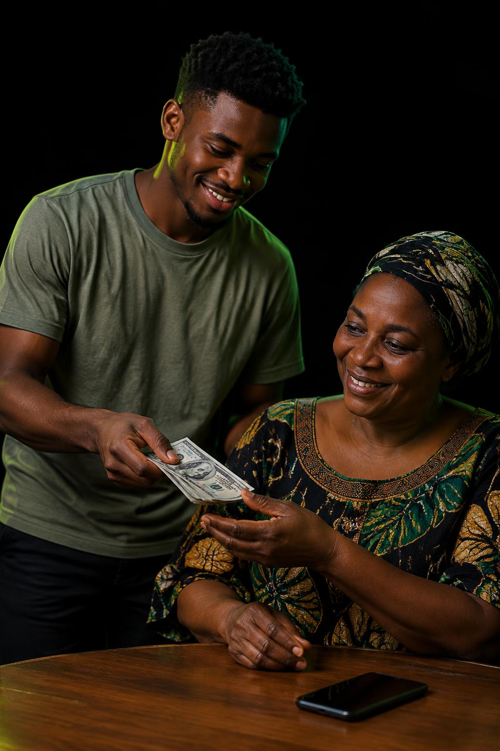 Un jeune homme remettant de l’argent à sa mère, photo illustrative