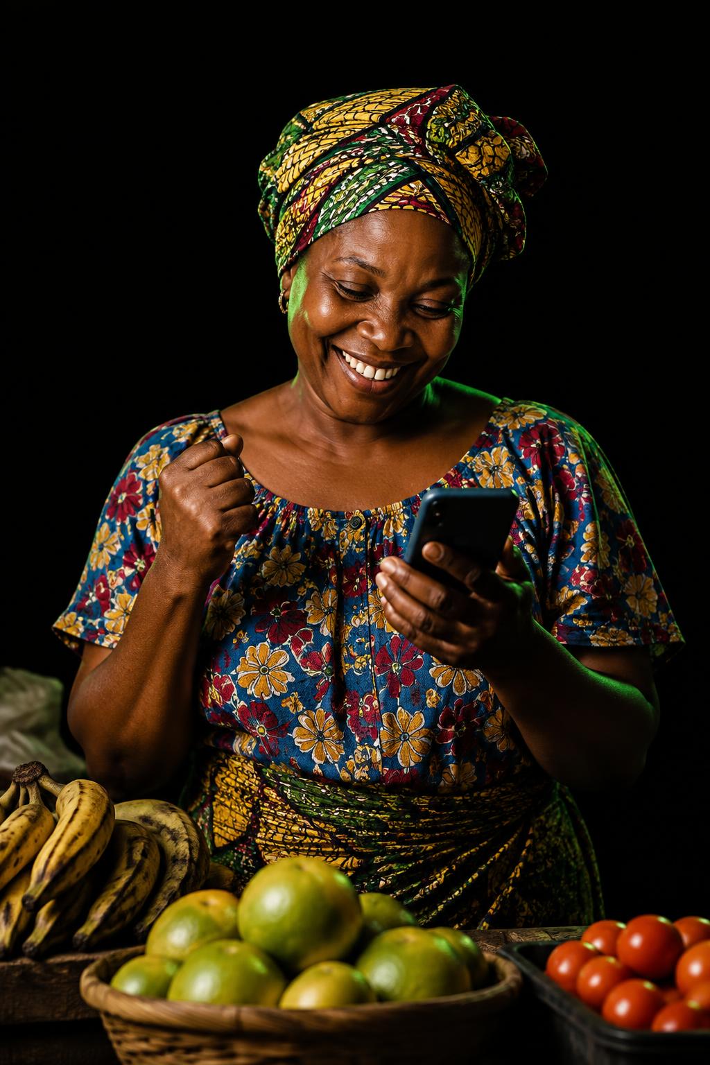 Une marchande souriante regardant son téléphone, photo illustrative